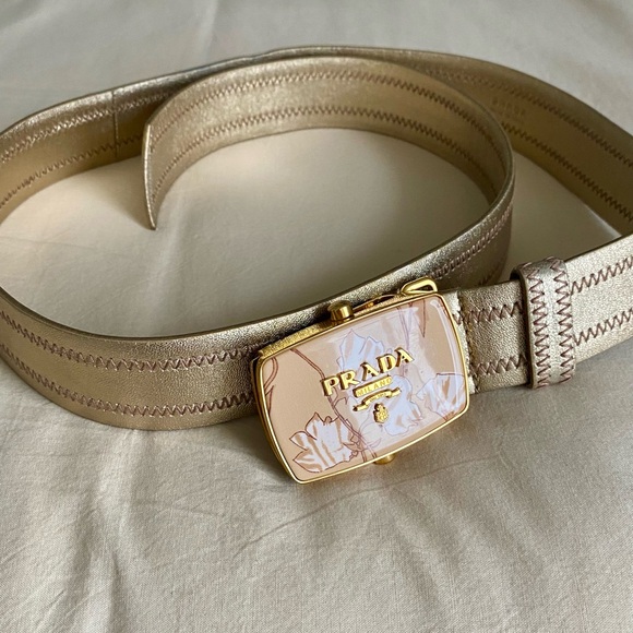 Vintage Prada Gold Metallic Belt with Floral Buckle Design - Picture 2 of 13